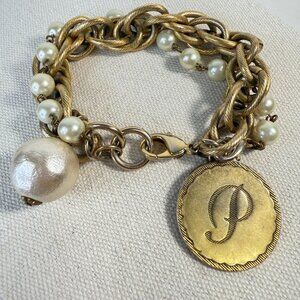 Maximal Art by John Wind Chain & Faux Pearl Bracelet Monogram Letter P Gold-Tone